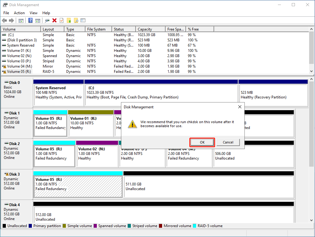 click OK to confirm the reactivating volume operation in Disk Management