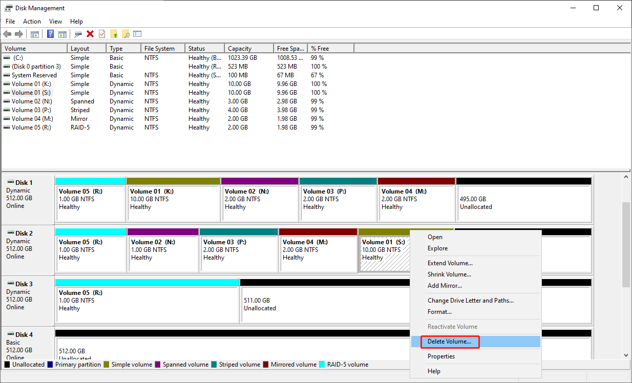 select Delete Volume from the right-click context menu in Disk Management