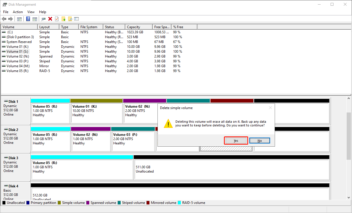 click the Yes button to confirm deleting the selected volume in Disk Management