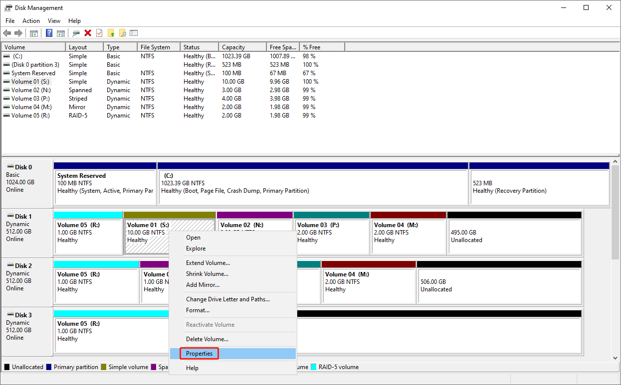 select Properties from the right-click context menu in Disk Management to view the volume properties