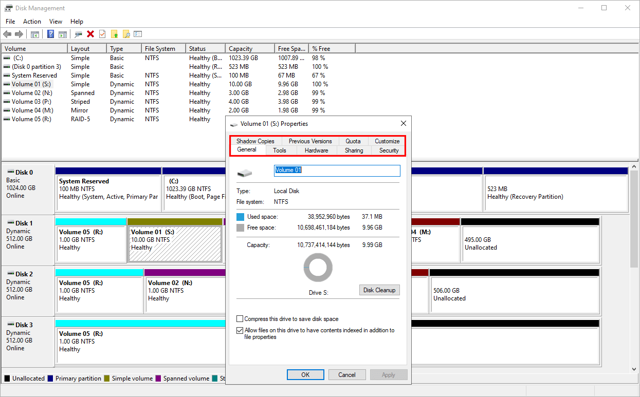 Properties of volume in Disk Management