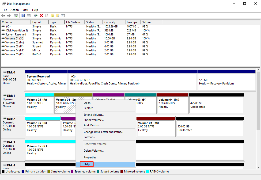 select Help from the right-click context menu in Disk Management