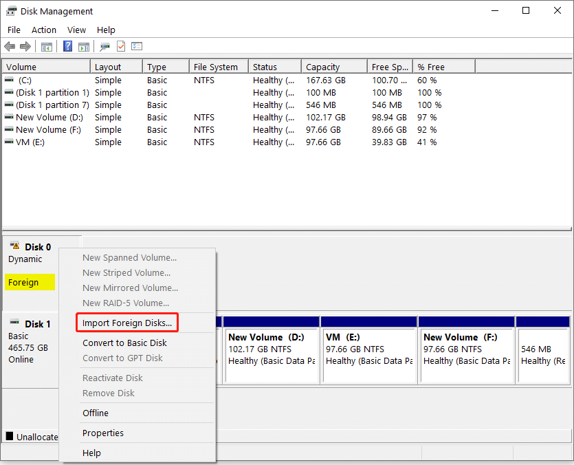 select Import Foreign Disks from the context menu in Disk Management