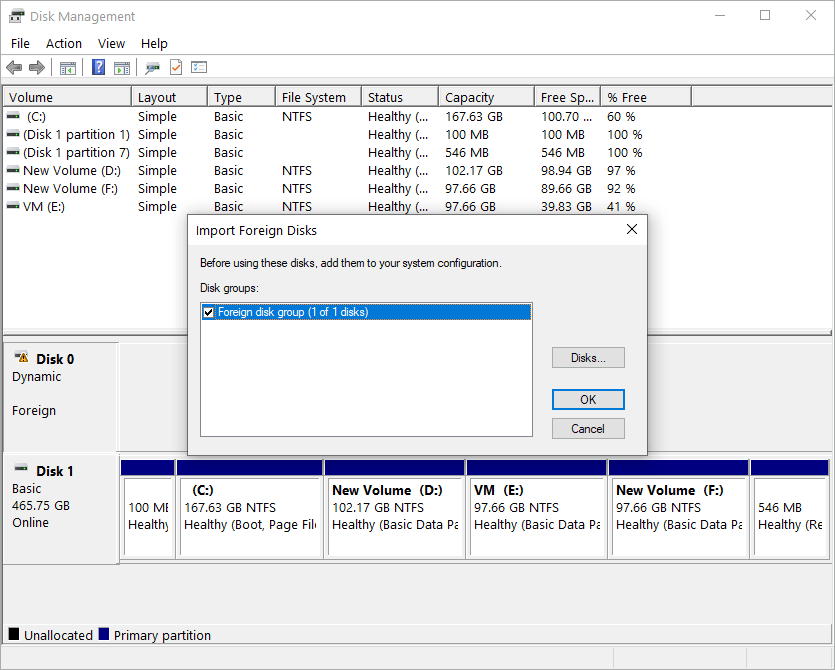 select a disk group and click OK to continue in Disk Management