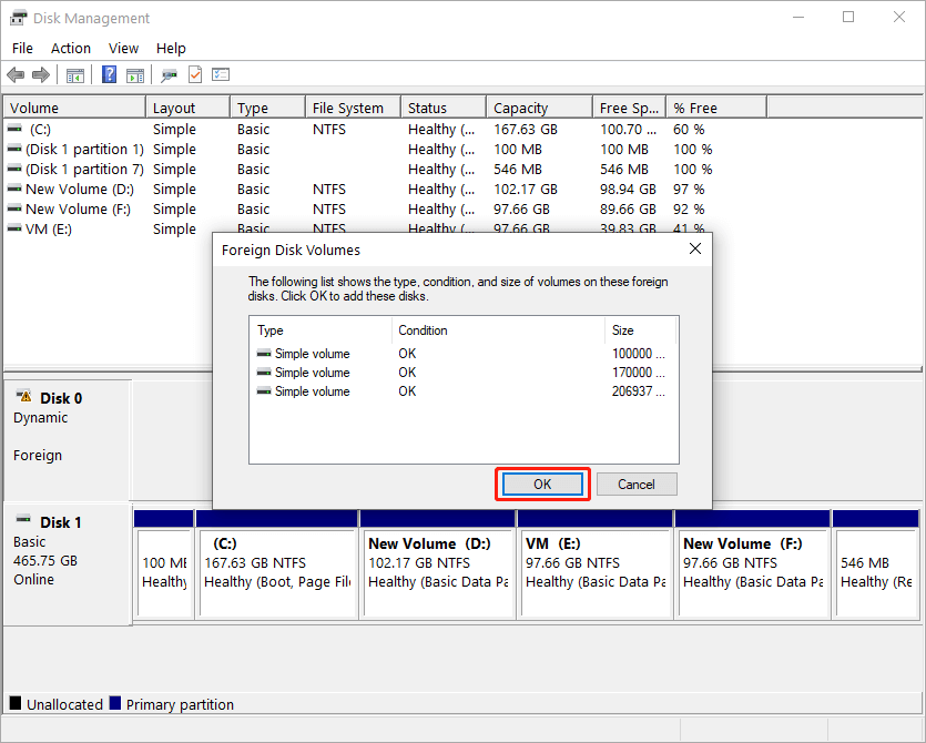 check the volumes in the foreign disk and click OK in Disk Management