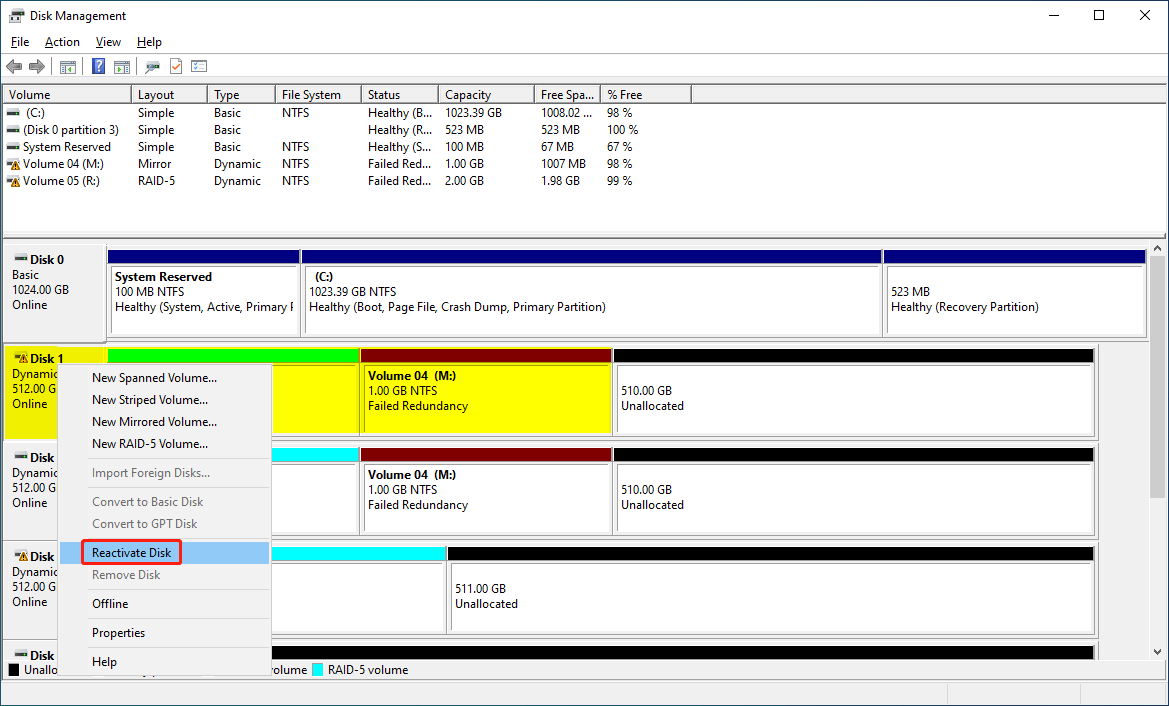 click Rectivate Disk in Disk Management