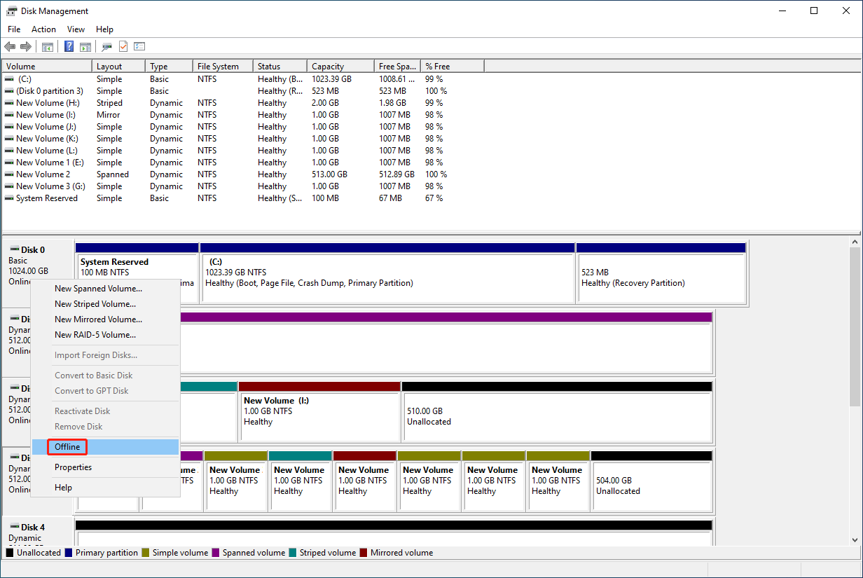 choose Offline from the context menu in Disk Management