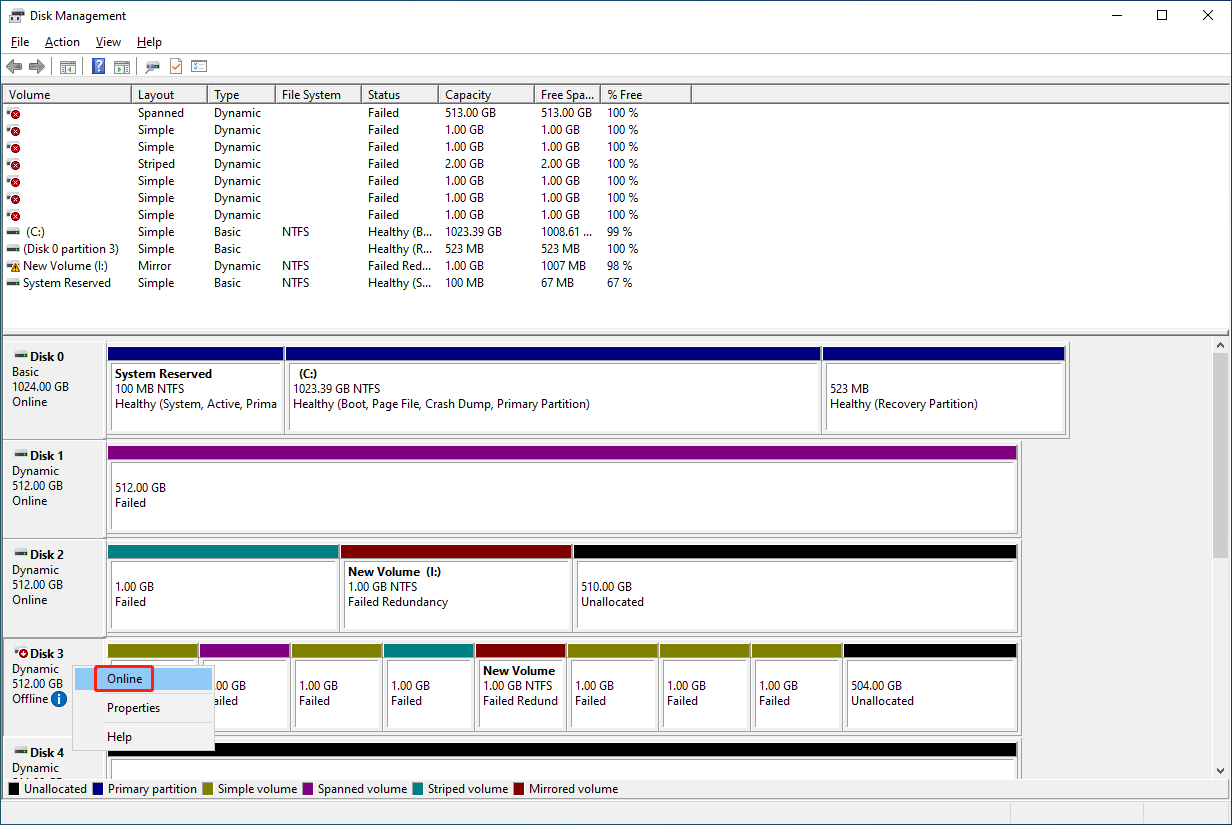 choose Online from the context menu in Disk Management