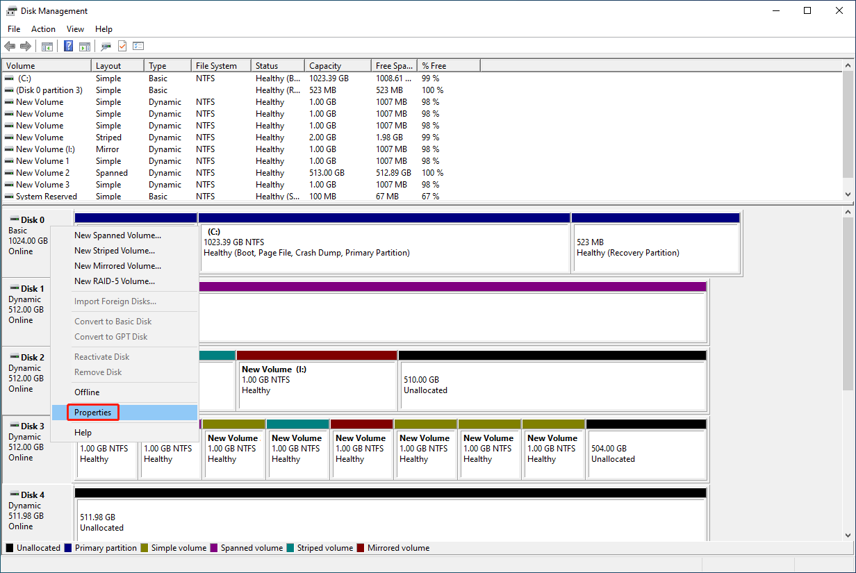 select Properties from the context menu in Disk Management