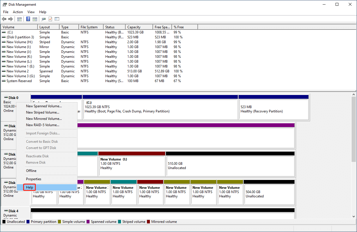 select Help from the right-click context menu in Disk Management