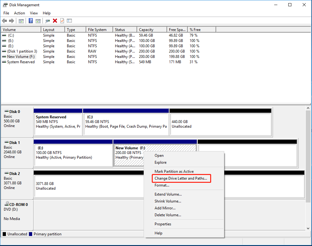 right click on a partition and choose Change Drive Letter and Path