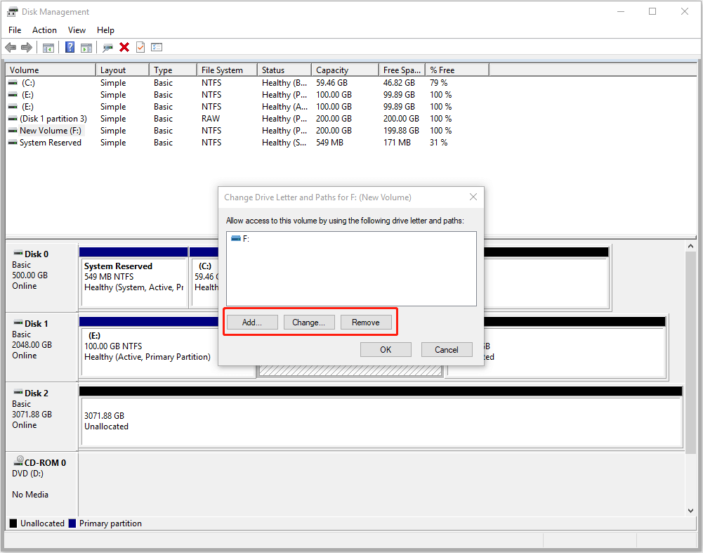 right click on a partition and choose Change Drive Letter and Path