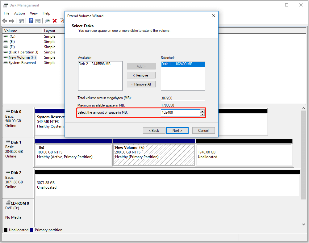 specify how much free space you want to add it to the target volume