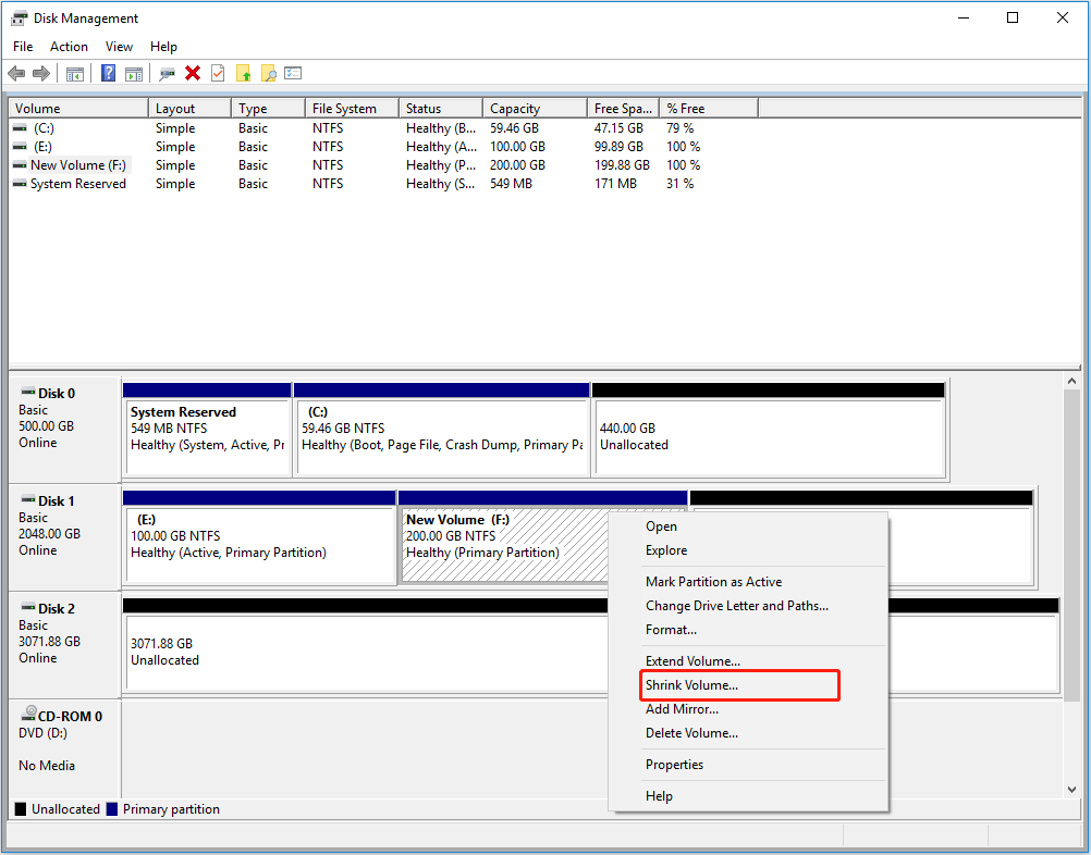 select the partition you want to shrink its size and choose Shrink from the menu