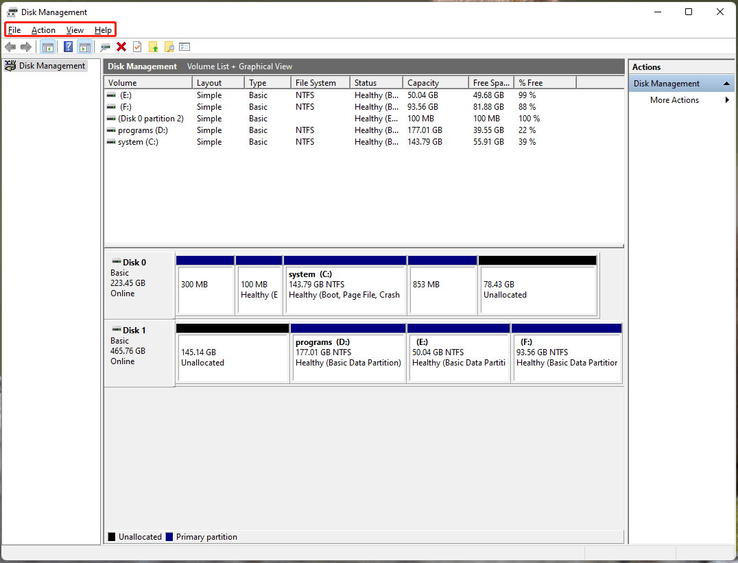 Disk Management top menu