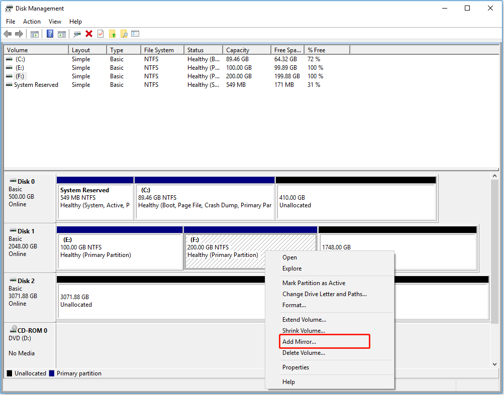 Right-click on the partition where you want to make data redundant and select the Add Mirror option