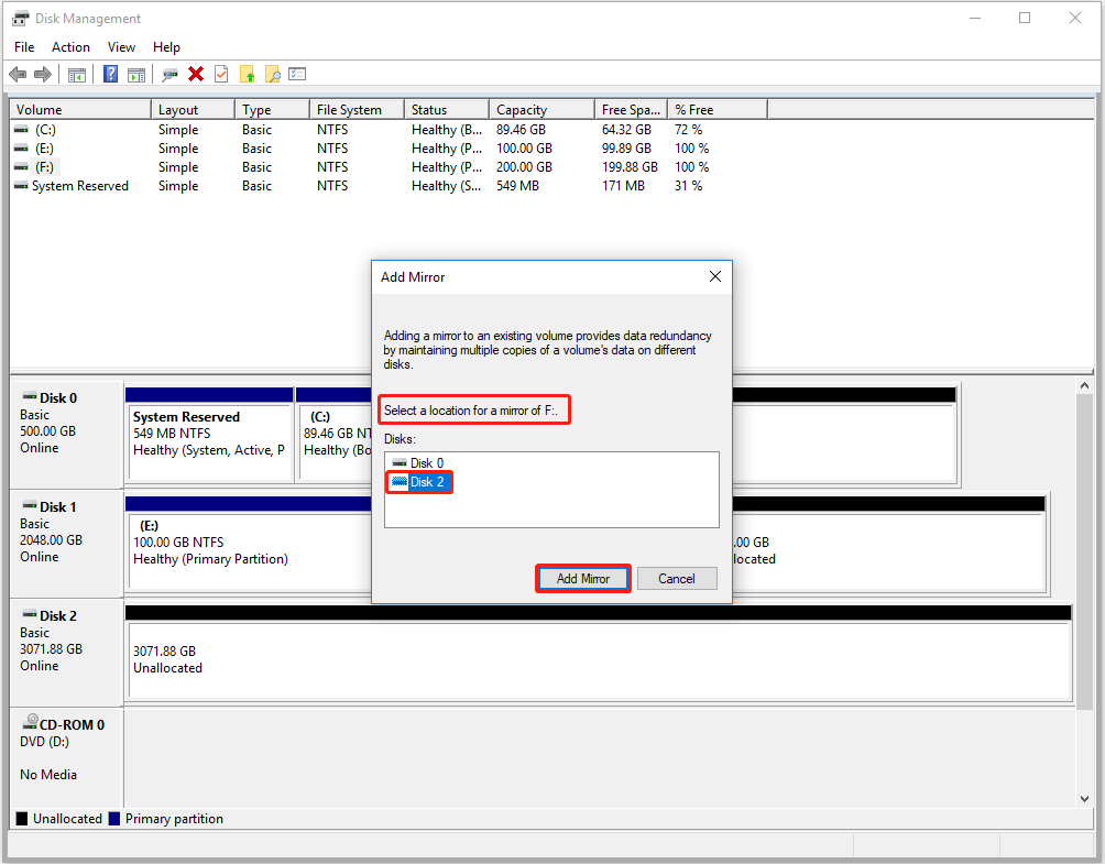 select on which disk you prefer to create a mirror for the target partition