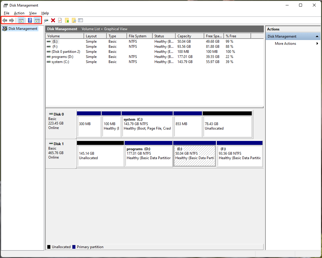 Standard toolbar in Disk Management