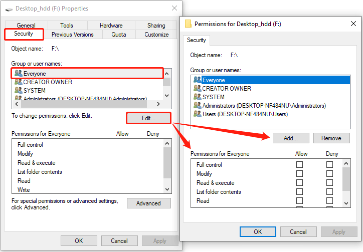 go to security tab to allow, change or remove user permissions to your computer