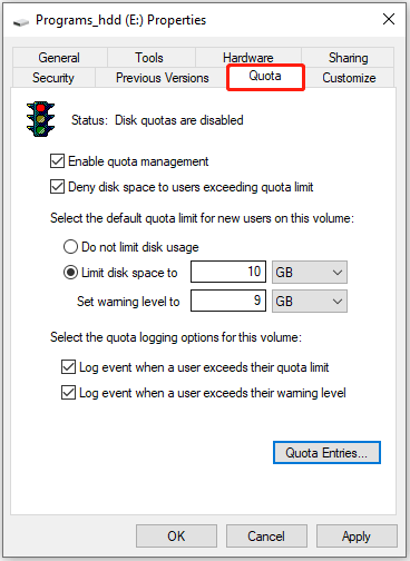 enable Quota to limit of disk usage of permitted users