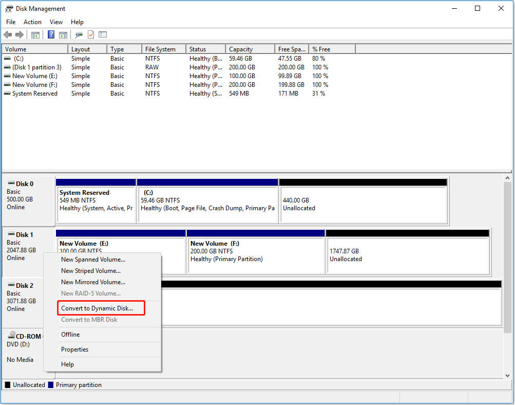 select the disk to be converted and choose Covert to Dynamic Disk in Disk Management