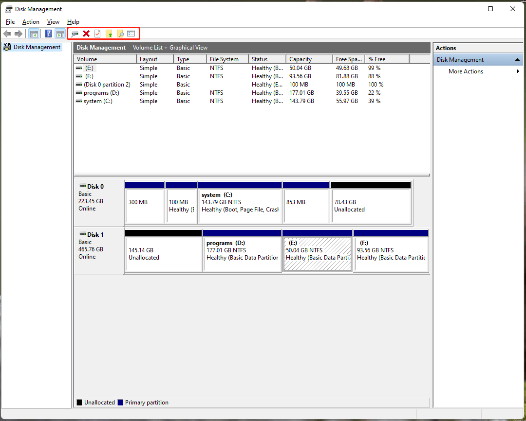 Toolbars in Disk Management