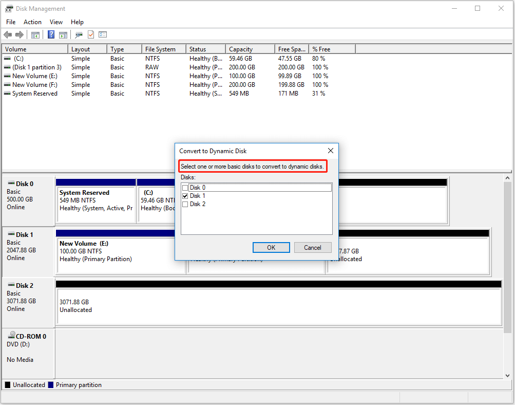 select the disk you want to convert to dynamic and continue