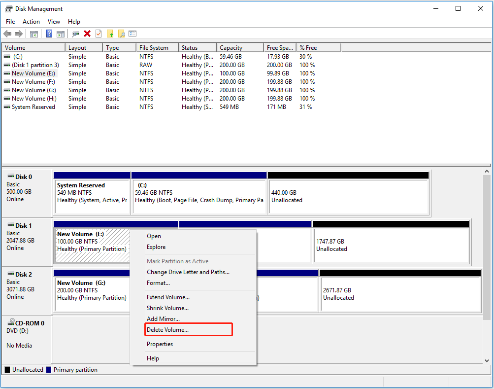 select a volume on the GPT disk to delete