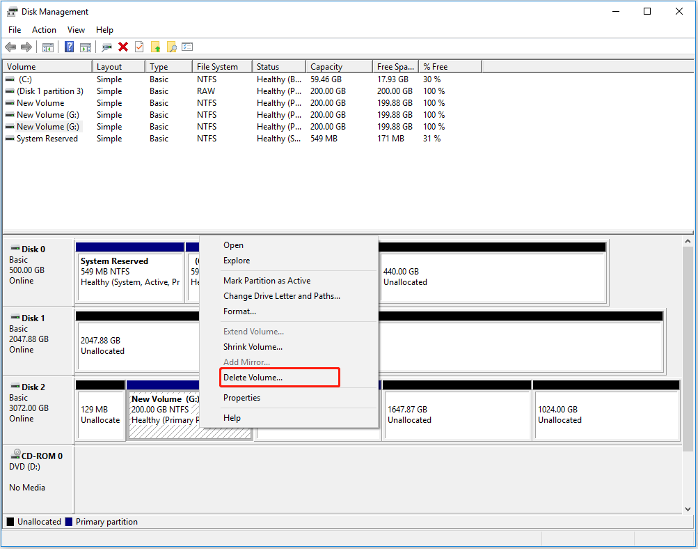 select and delete all the volumes on the MBR disk