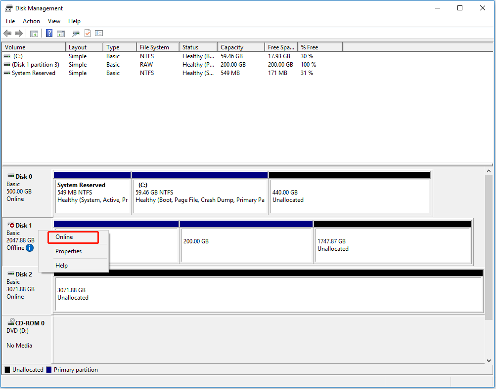 select an offline disk to online it in Disk Management