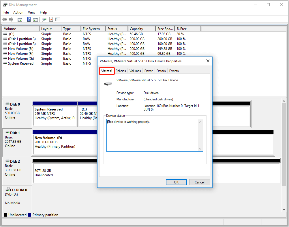 the detailed information of the selected hard drive in Property