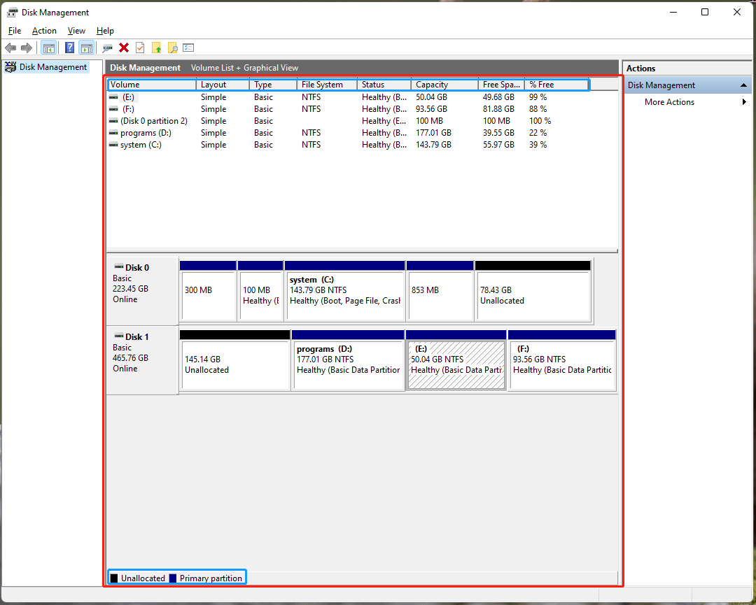 Disk Management main window displaying hard disks and volumes information