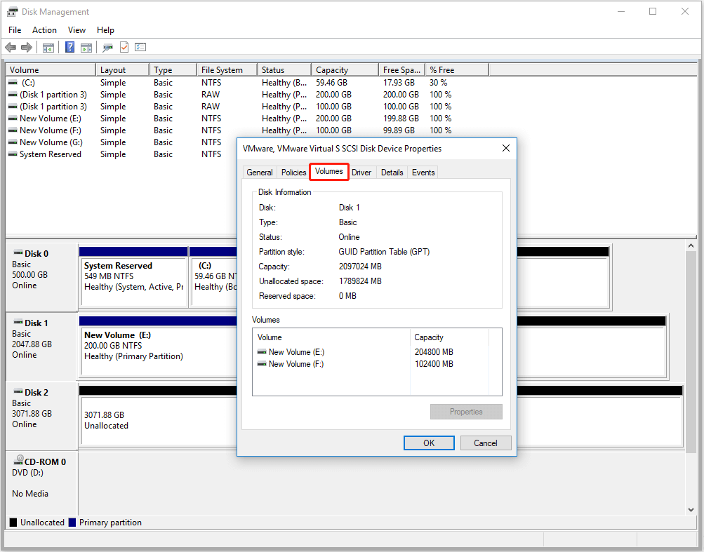 the Volumes tab in disk property displays the Disk Information and Volume Information