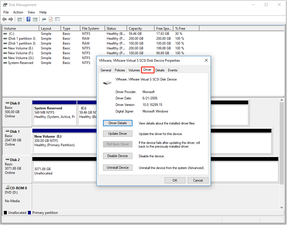 view diver information and manage driver of the hard drive