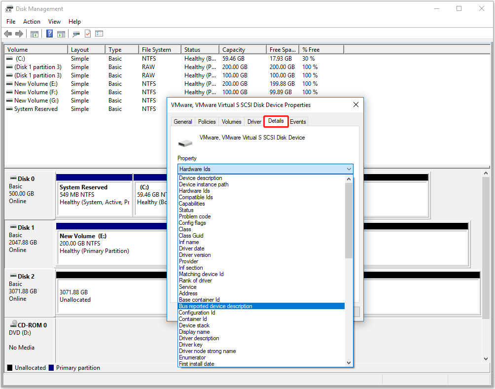 what you can check in the Details tab of Disk Property