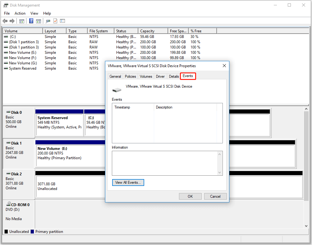 view what happened to the disk in the Event tab of Disk Property