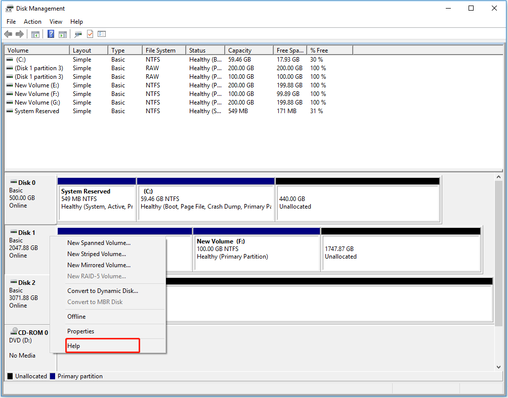 click Help and you will be redirected to Bing search results for Windows 10 Disk Management