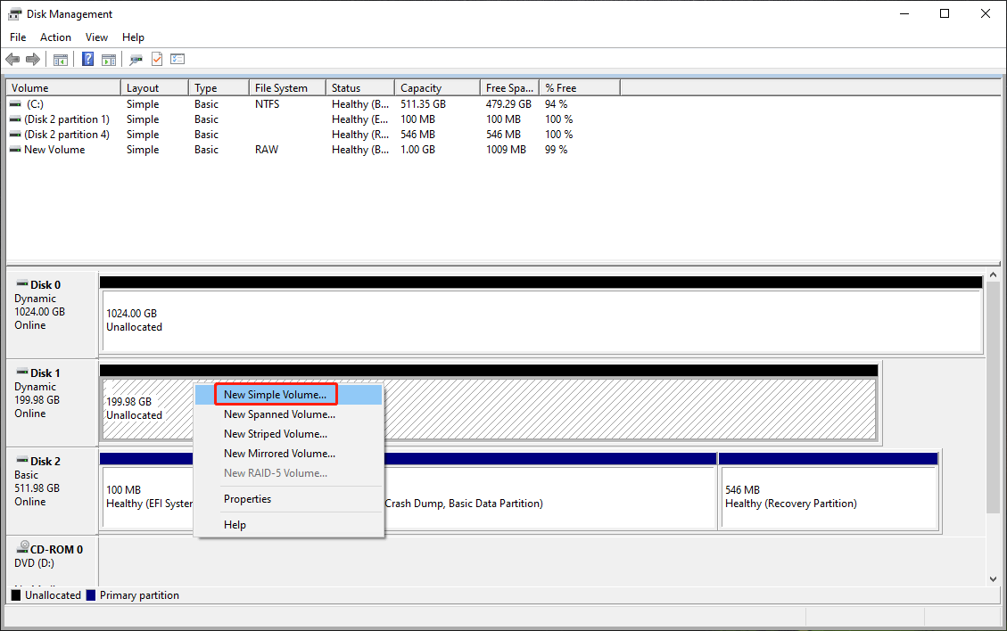 select New Simple Volume in Disk Management