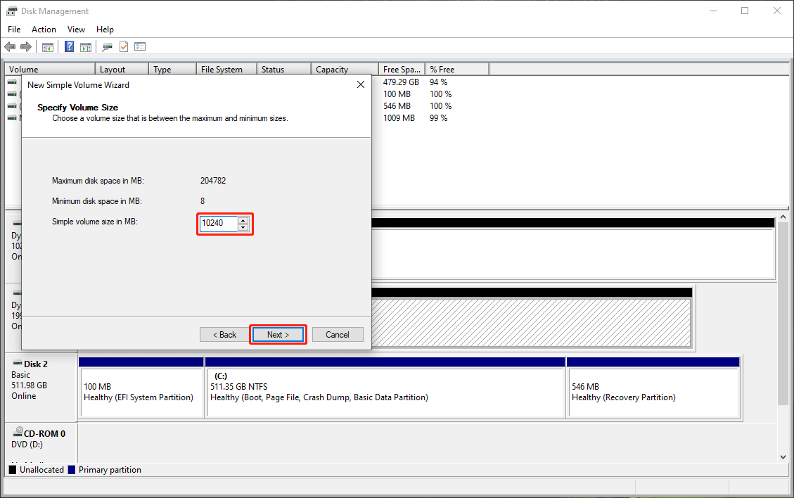 set simple volume size in MB and click Next