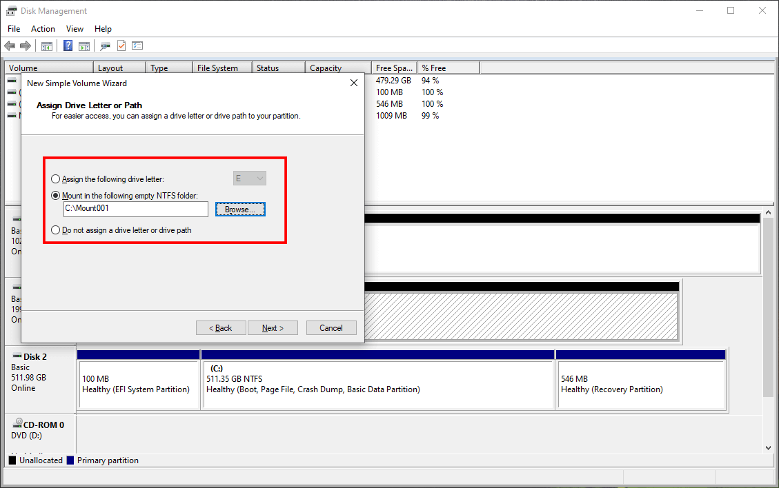 format the new simple volume in Disk Management