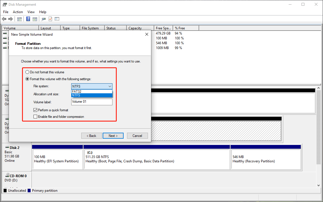 format the new simple volume in Disk Management