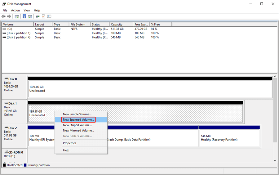 select New Spanned Volume in Disk Management