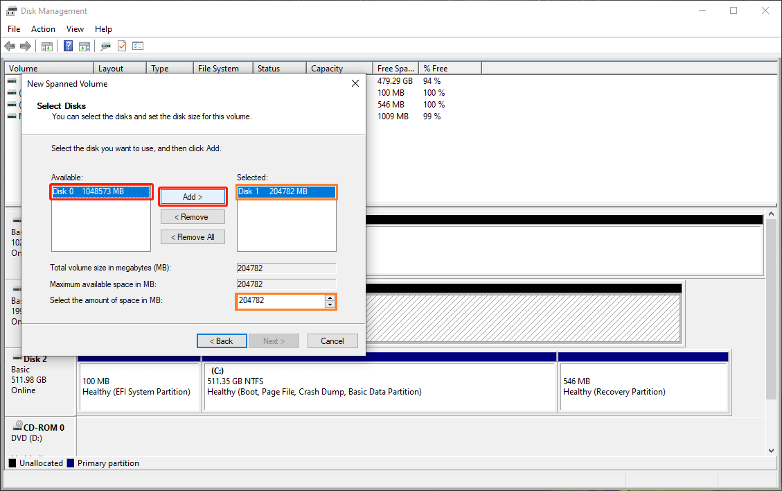 add a second disk to the selected disks list and determine how much disk space you want to use for each of them