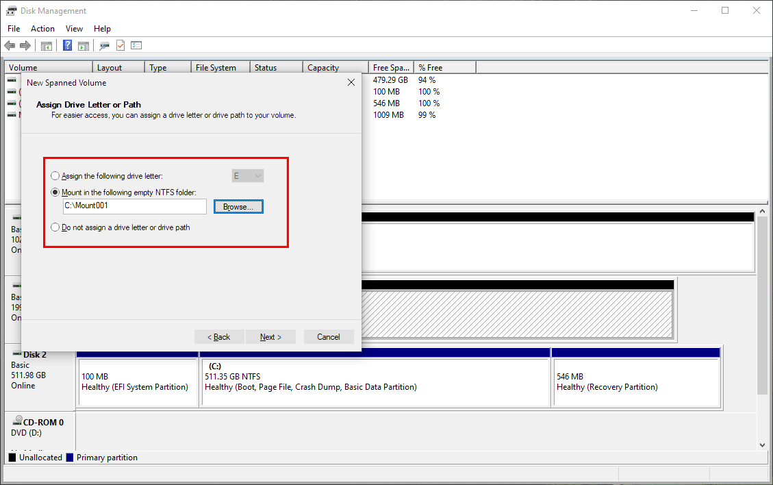 assign a drive letter or drive path in Disk Management