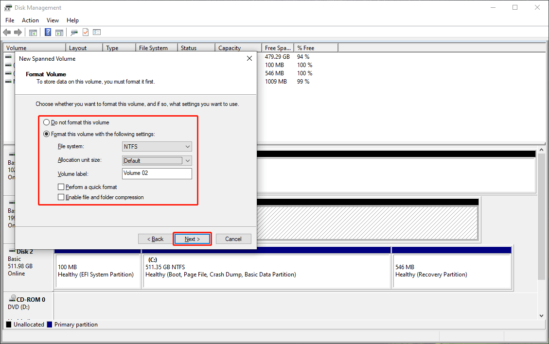 select how do you want to format the new volume