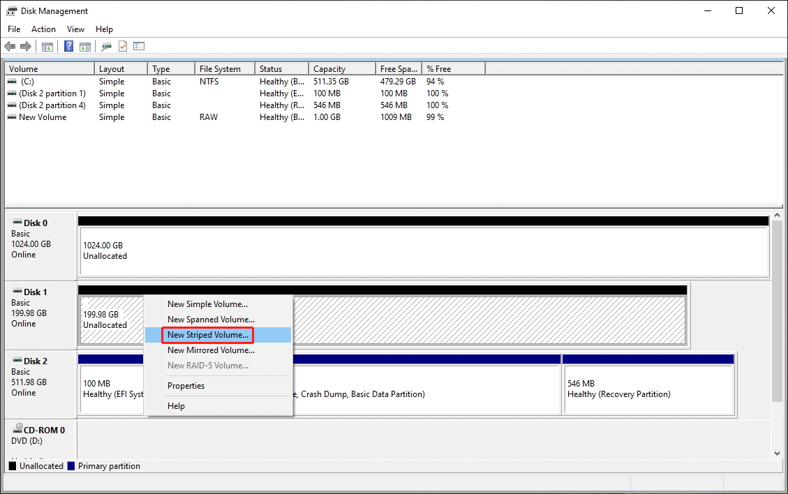 select New Striped Volume in Disk Management