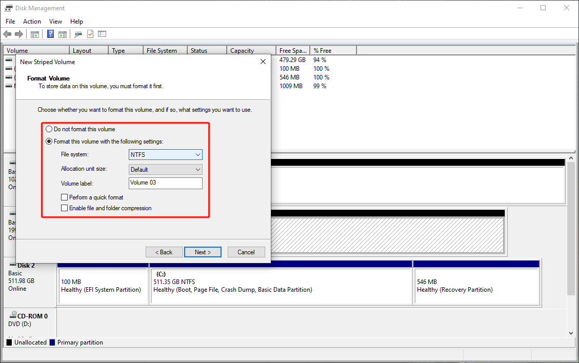 format the new striped volume in Disk Management