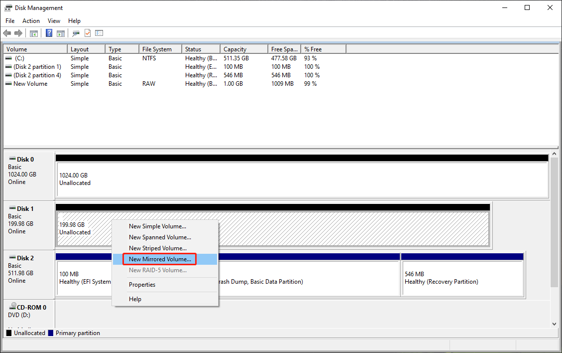 select New Mirrored Volume in Disk Management