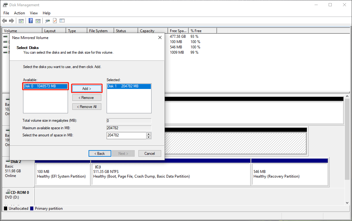 add a second disk to the selected disks list