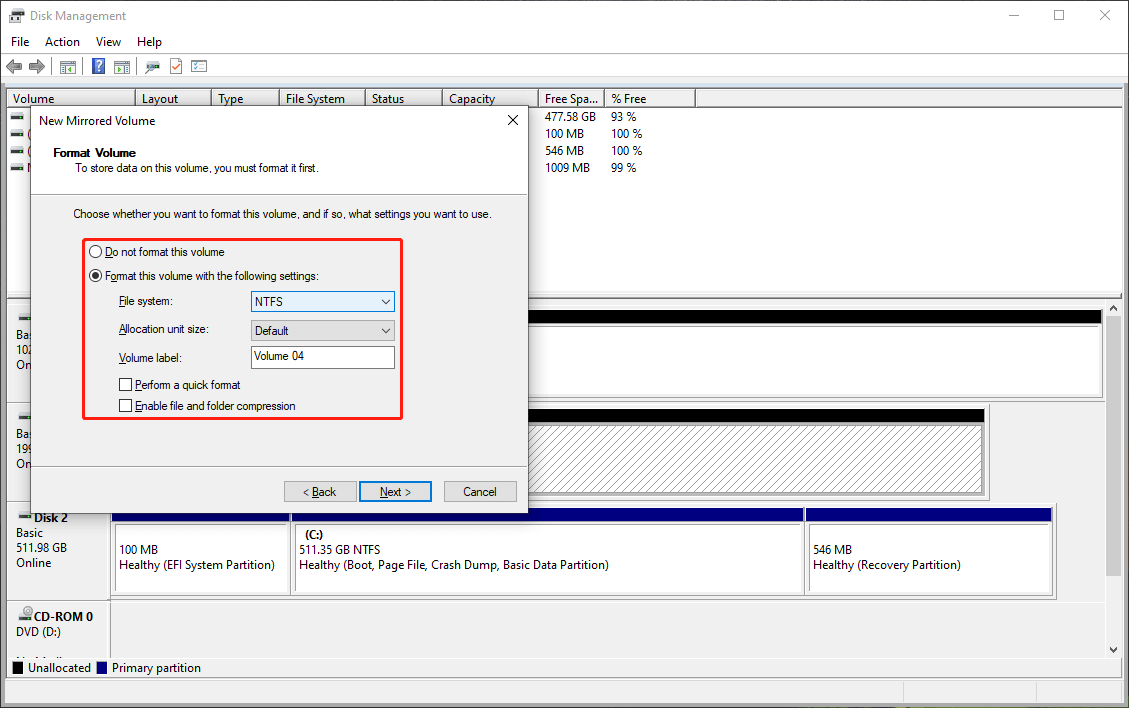 format the new mirrored volume in Disk Management